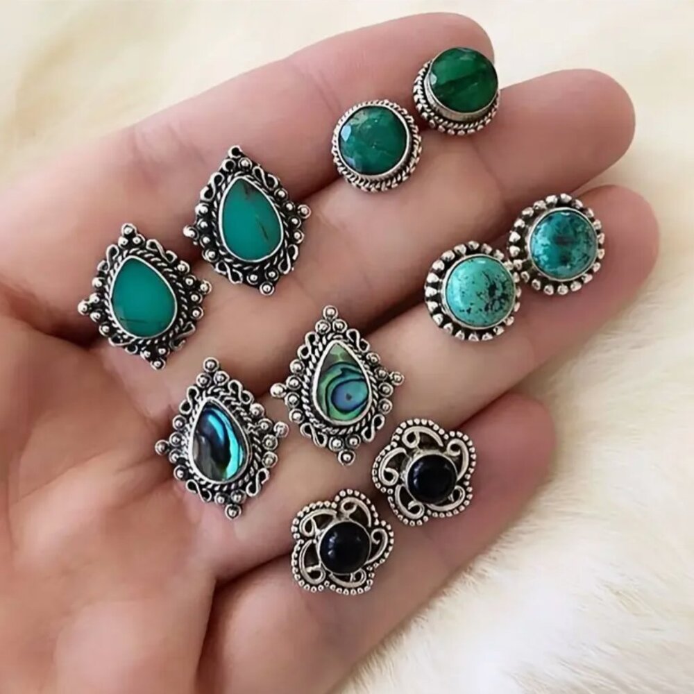 NEW Five Pairs of Silver and Turquoise Blue Black Stud Earrings